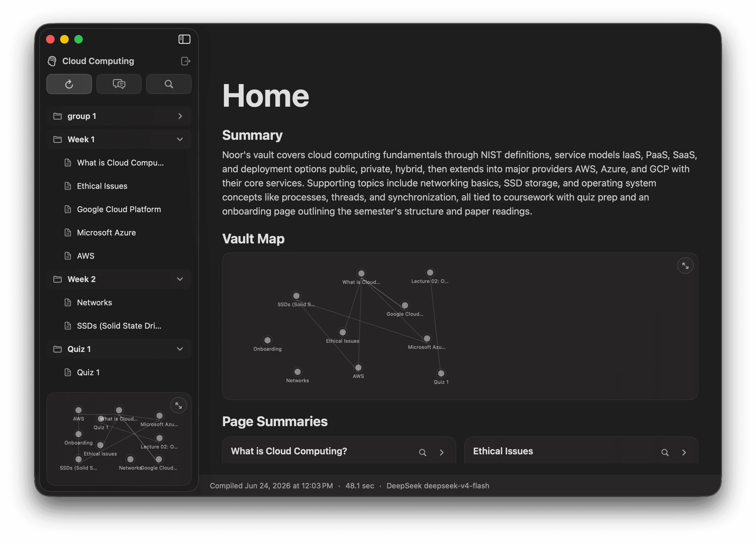 Zirn Home showing a vault summary, knowledge map, and page summaries