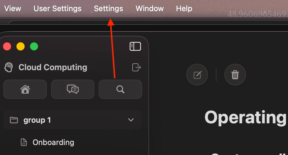Zirn app menu bar with Settings highlighted